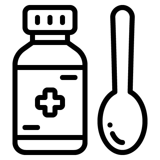 Icon einer Medizinflasche mit Löffel – Symbol für Pulvermischungen und Supplemente.